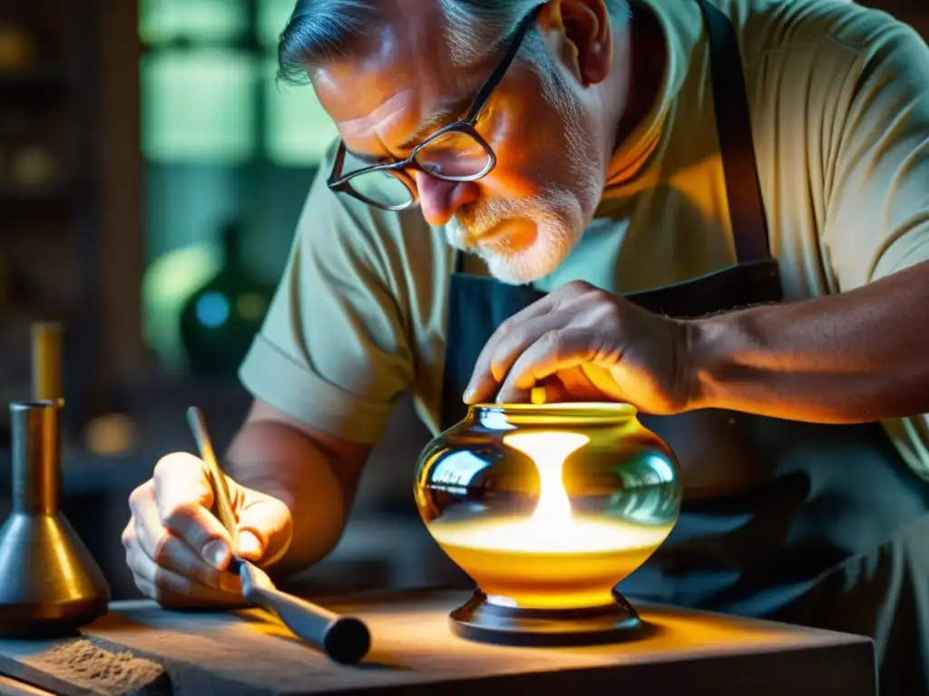 Un maestro vidriero moldea con destreza vidrio fundido en una delicada vasija en un taller vintage