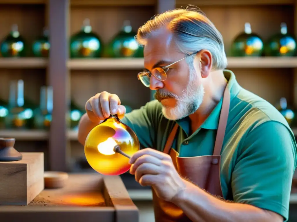 Un maestro vidriero experto moldea con precisión una ornamentada pieza de cristal vintage