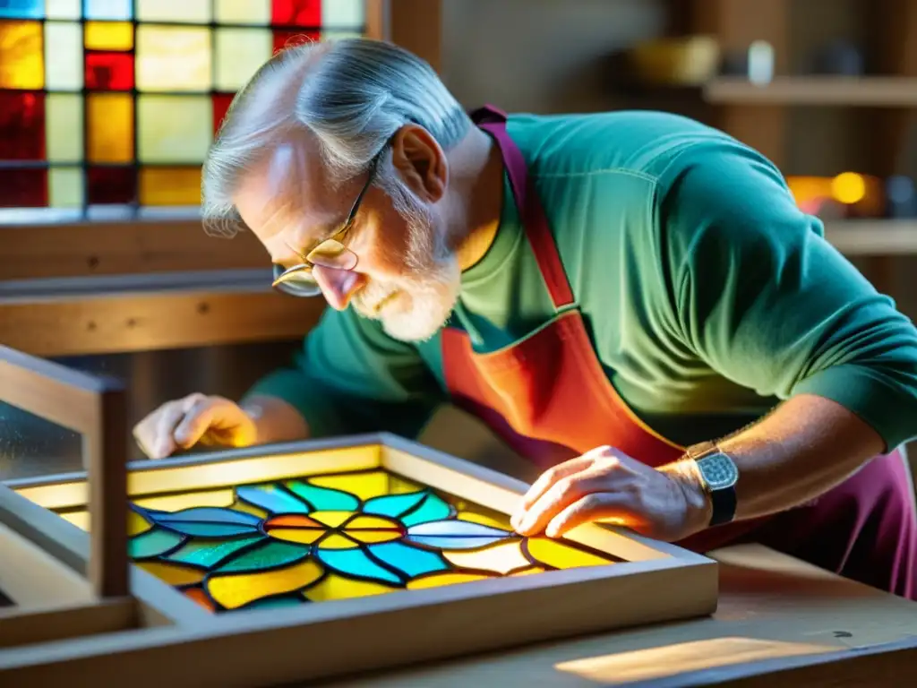 Un maestro vidriero ensamblando cuidadosamente una ventana de vitral en un taller vintage, con la luz natural resaltando los colores vibrantes