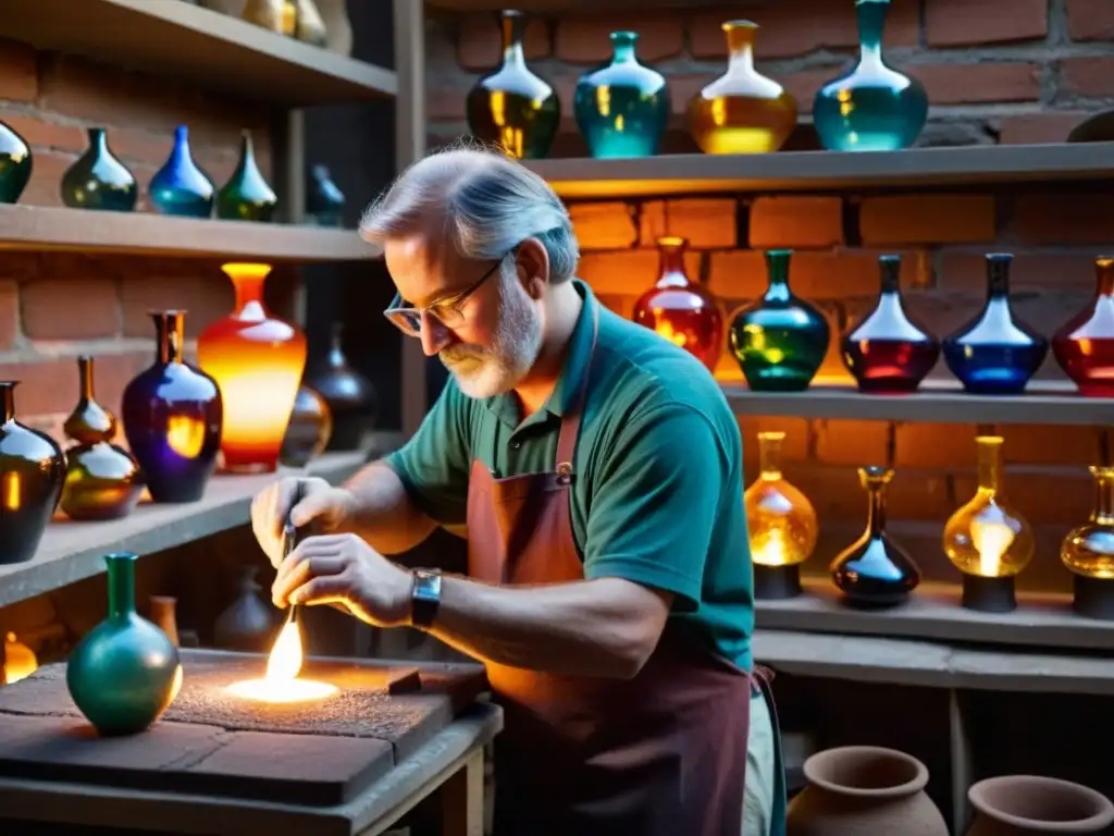 Un maestro vidriero moldea cuidadosamente el vidrio fundido en su taller tradicional, iluminado por el cálido resplandor del horno