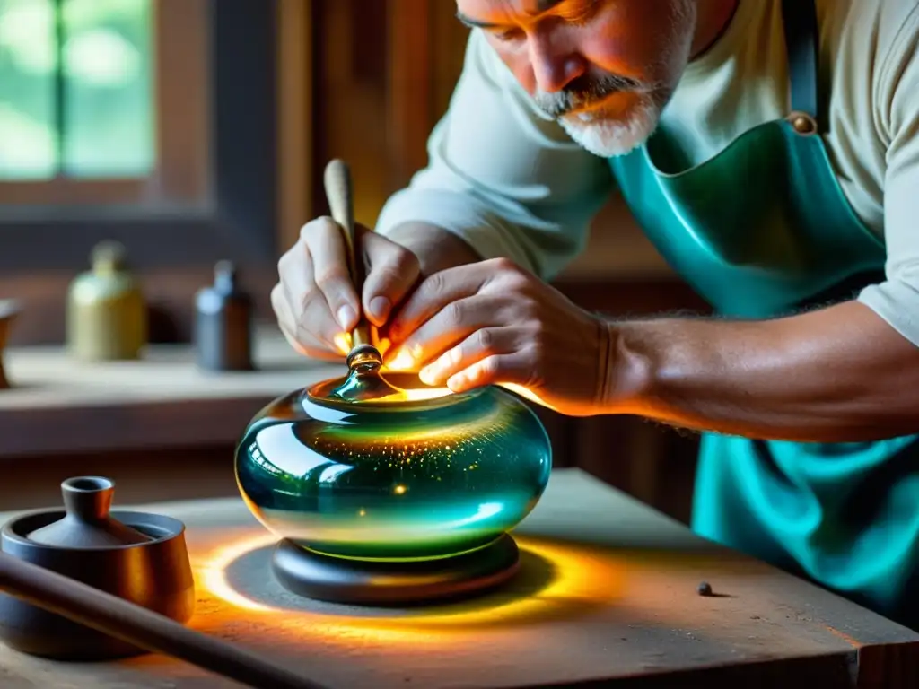 Un maestro del vidrio moldea con destreza una pieza de arte, iluminado por la cálida luz del taller