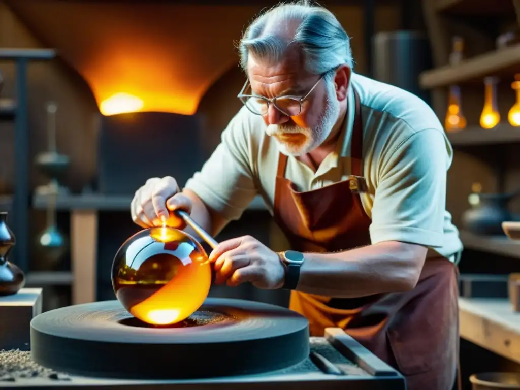 Un maestro del vidrio soplado en un taller vintage, creando arte con precisión experta bajo el cálido resplandor de la fragua