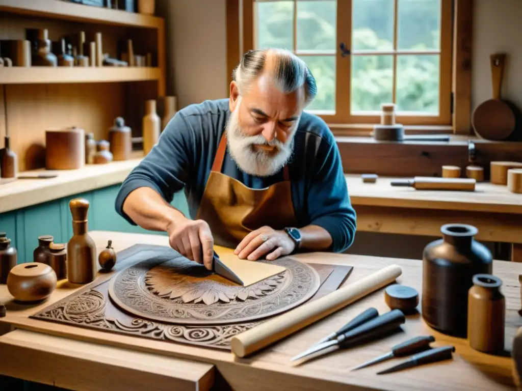 Un maestro xilógrafo en su taller, demostrando técnicas tradicionales en una atmósfera cálida y detallada