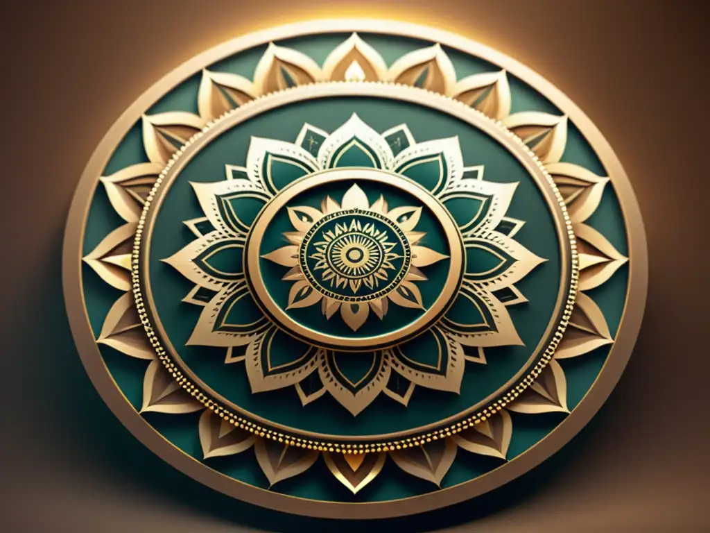 Un mandala digital vintage con patrones geométricos en tonos terrosos y elementos de marca, evocando elegancia y significado simbólico