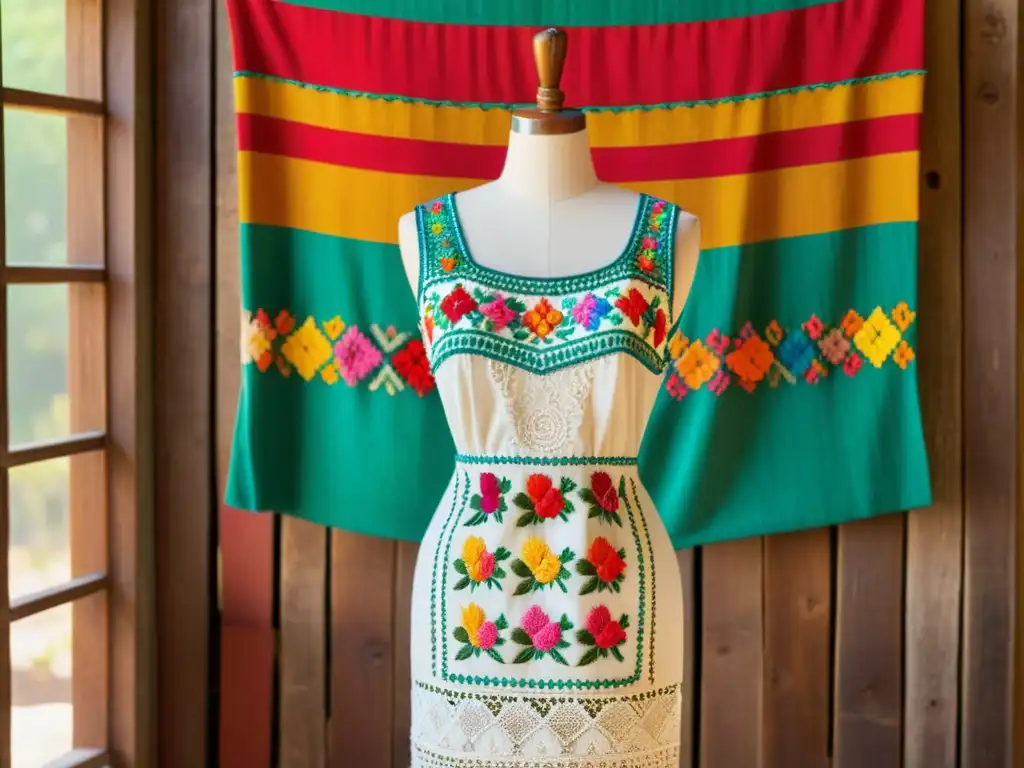 Maniquí vintage con bordados mexicanos en taller artesanal Un maniquí vintage inspirado en la moda artesanal mexicana, resalta la artesanía y tradición de los textiles bordados