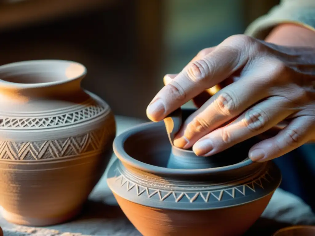 Mano artesana modelando cerámica con estrategias de mentoría virtual, destaca la dedicación y la tradición de la artesanía