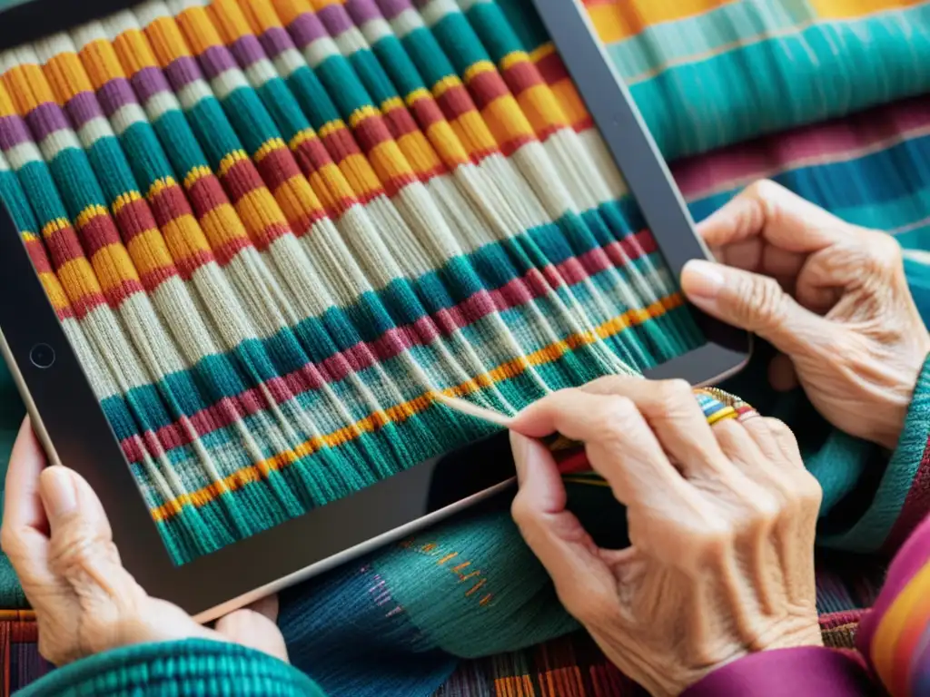 Las manos de una anciana tejen con destreza hilos de colores en un patrón tradicional, junto a un tablet que muestra una versión digital