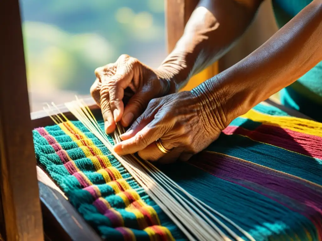 Manos de anciano tejedor creando una artesanía tradicional en la era digital, con hilos coloridos, iluminadas por suave luz solar