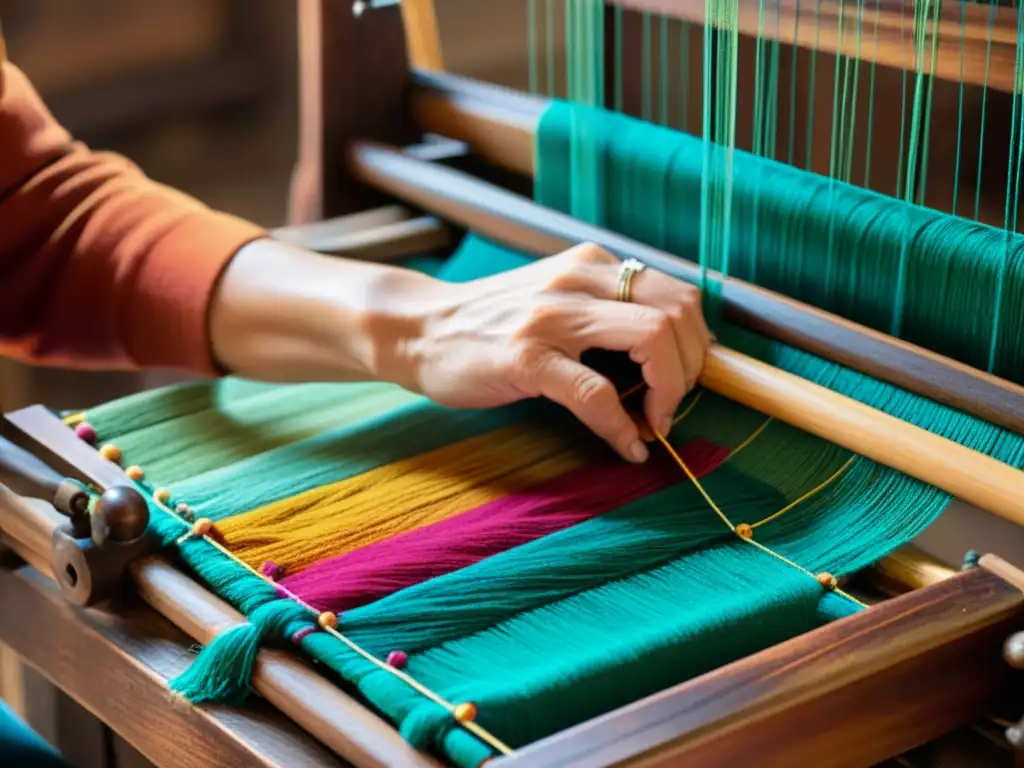 Manos de artesana tejiendo en telar de madera, creando una artesanía textil tradicional innovadora con hilos vibrantes