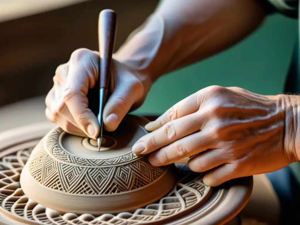 Manos de artesano esculpiendo cerámica a mano, resaltando la tradición, destreza y arte atemporal