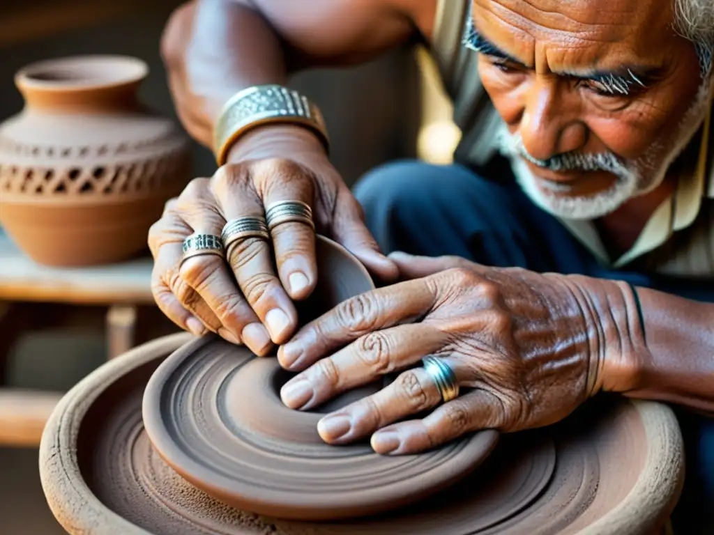 Manos de artesano moldeando cerámica tradicional, reflejando la herencia cultural