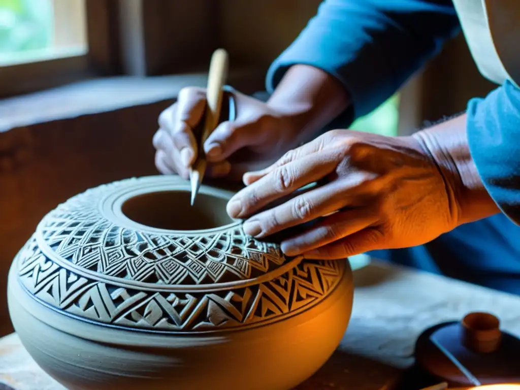 Manos de artesano tallando cerámica tradicional con luz natural, reflejando la artesanía tradicional economía circular