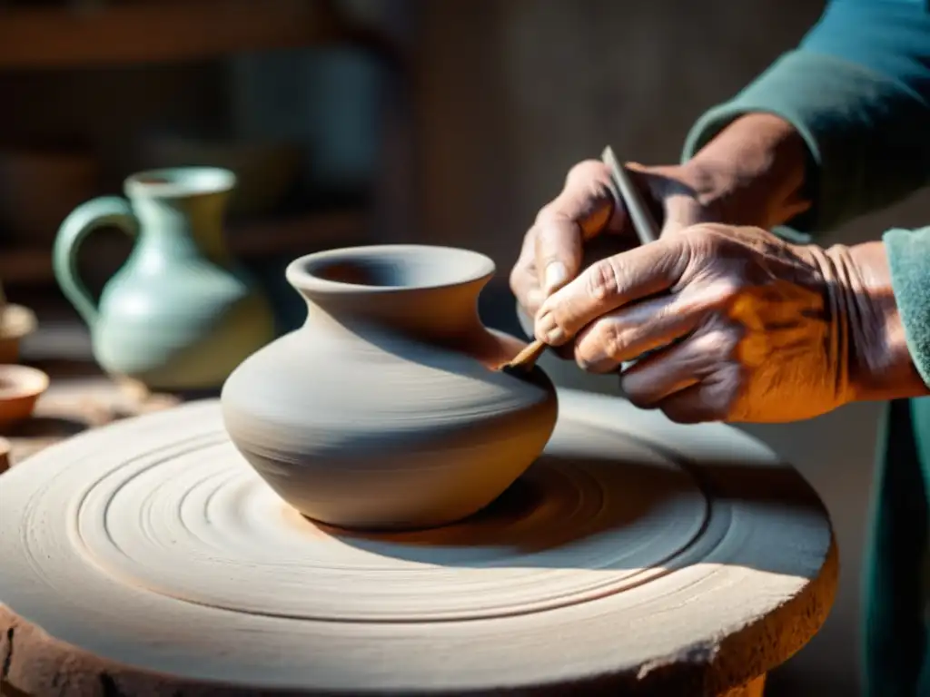 Manos de artesano moldeando cerámica tradicional, fusionando artesanía tradicional en era digital con luz cálida y tonos terrosos evocadores