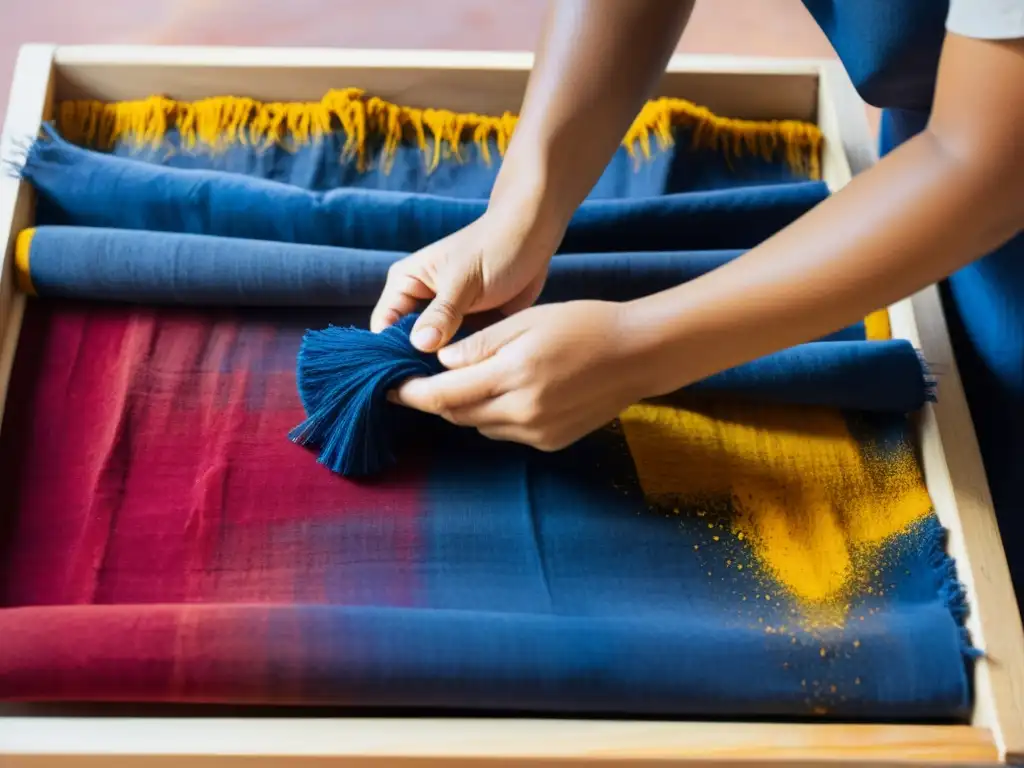 Las manos del artesano tiñen con colorantes naturales, creando textiles vibrantes