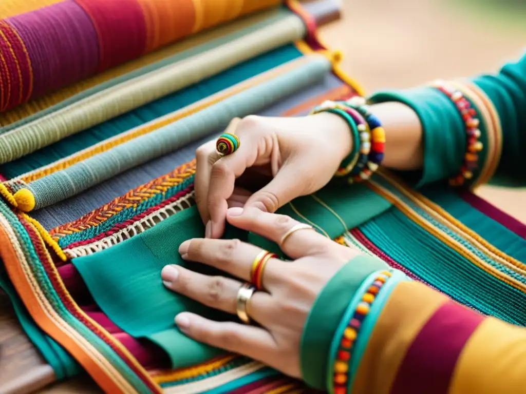 Las manos de un artesano tejen con cuidado retazos de tela reciclada, transformando residuos en materiales artesanales