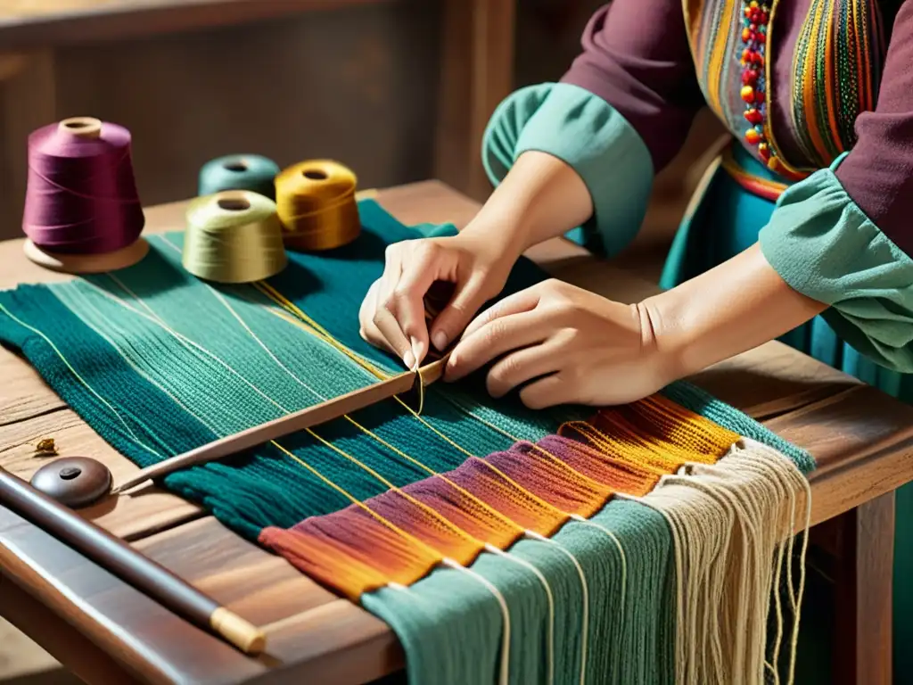 Manos de artesano tejiendo con delicadeza hilos coloridos en un patrón textil tradicional, rodeado de herramientas y materiales vintage