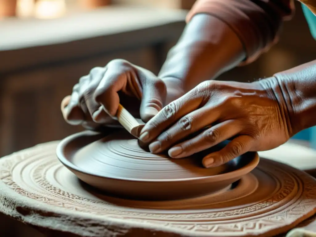 Las manos del artesano moldean con destreza la cerámica tradicional, destacando los tonos cálidos y la atmósfera nostálgica