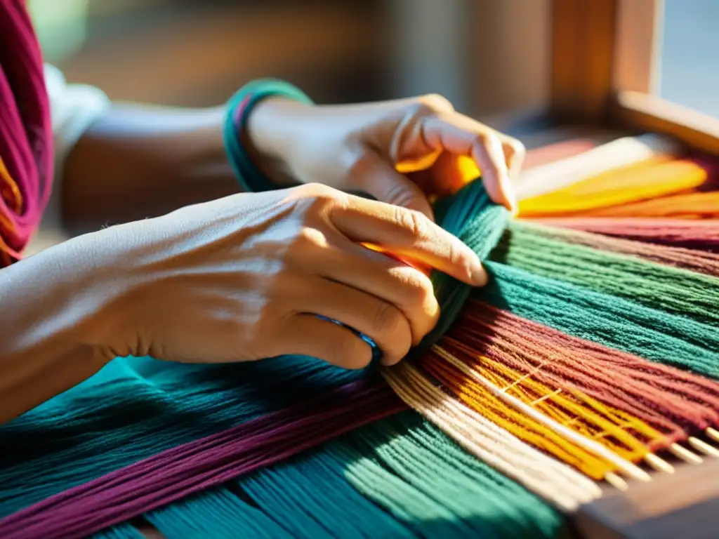 Las manos del hábil artesano tejen con destreza una colorida artesanía tradicional en la era digital, iluminadas por la cálida luz natural