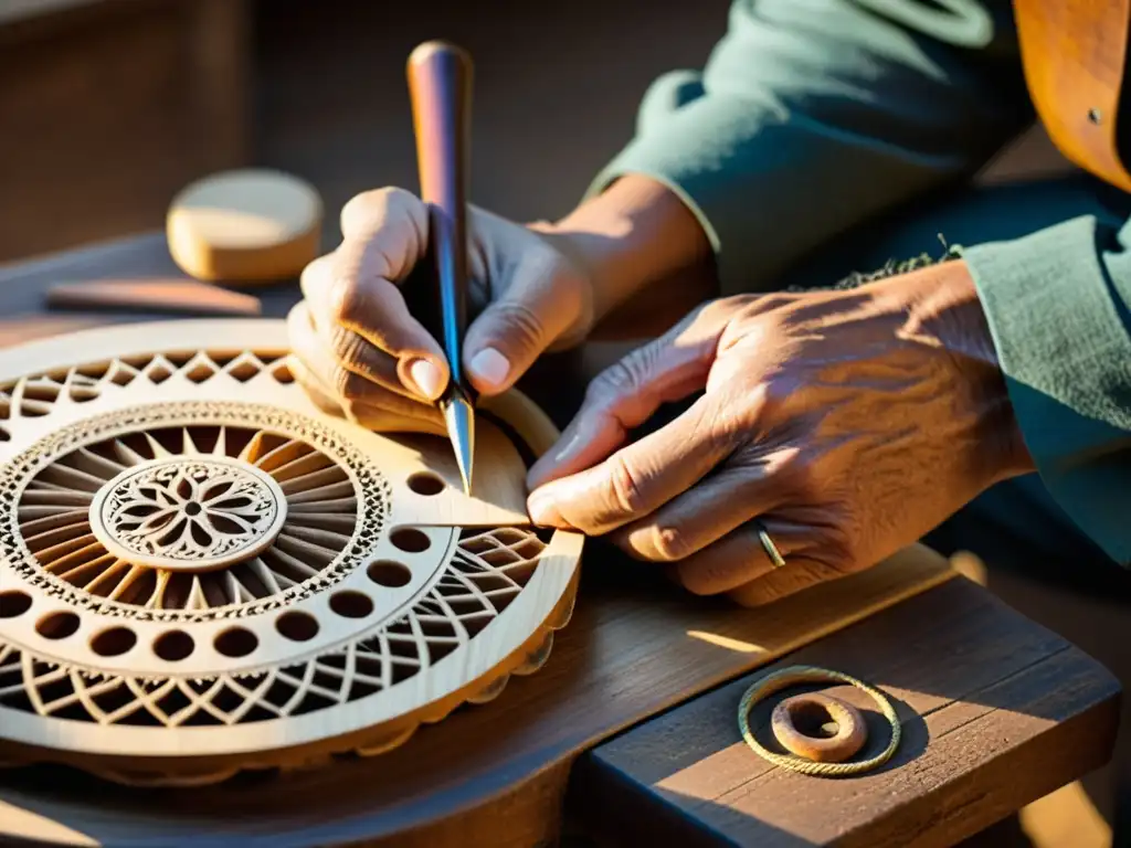 Las manos del artesano trabajan con destreza la construcción artesanal de instrumentos musicales, iluminadas por cálida luz natural