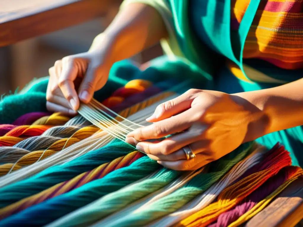 Manos de artesano tejiendo con destreza un textil tradicional, con patrones e hilos vibrantes, iluminadas por el cálido sol