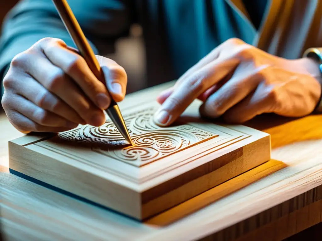 Manos de artesano tallando con detalle una fuente tipográfica artesanal en madera, resaltando la tradición y la meticulosa artesanía