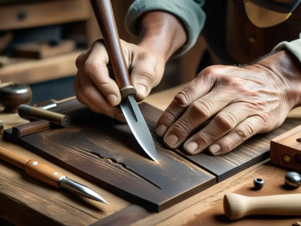 Las manos del artesano tallan con maestría diseños en madera oscura