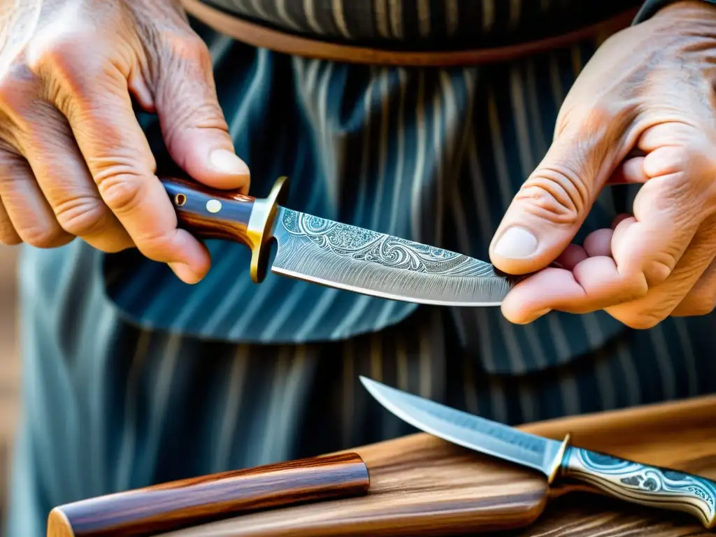 Manos de artesano experto sostienen un cuchillo de acero de Damasco vintage, exudando artesanía tradicional cuchillería fina