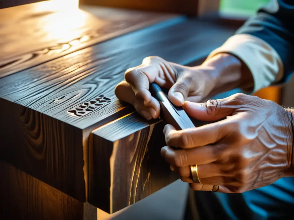 Las manos de un artesano experto tallan su firma en madera oscura, con herramientas de trabajo y una cálida luz dorada