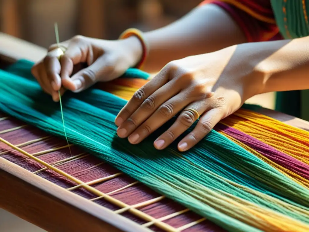 Manos de artesano tejiendo con hilos brillantes, iluminadas por luz cálida, creando una obra maestra textil