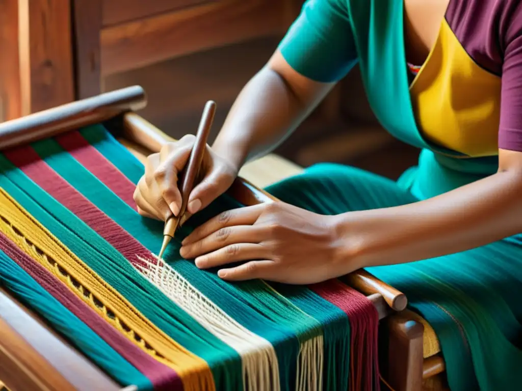 Manos de artesano tejiendo hilos coloridos en un patrón tradicional, rodeadas de herramientas de madera y fibras naturales, capturando la artesanía tradicional en la era digital