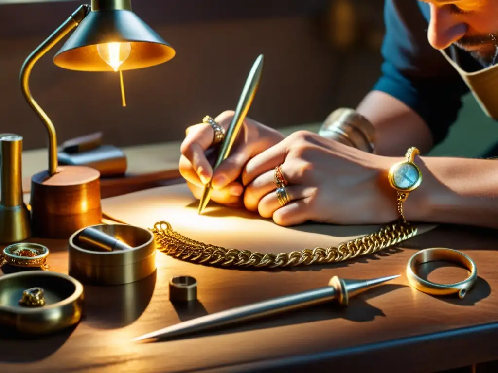 Manos de artesano creando joyería con herramientas vintage, iluminadas por una lámpara de escritorio, evocando valor artesanía mercado digital