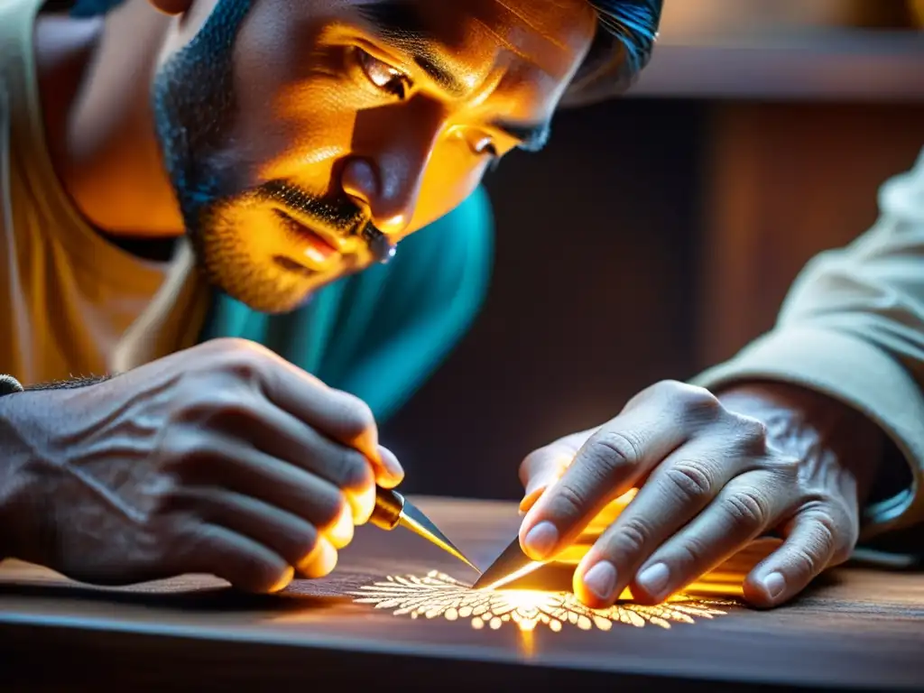 Las manos de un artesano tallando madera con pasión y destreza, iluminadas por la cálida luz de una lámpara vintage