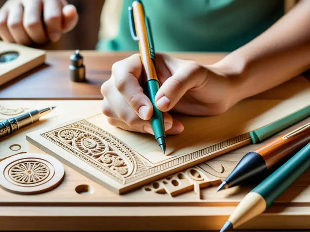 Las manos de un artesano tallando madera rodeado de herramientas vintage