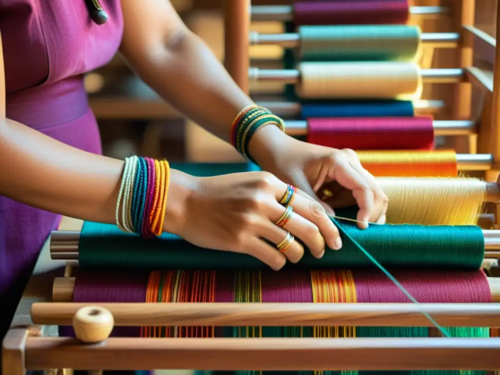 Manos de artesano tejiendo patrón textil con hilos coloridos, evocando artesanía tradicional y programación creativa