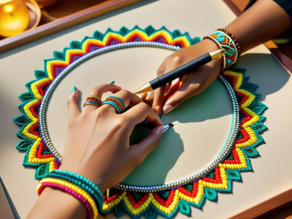 Las manos de un artista digital reviven tradiciones artesanales al pintar patrones en una tableta, con pulseras y anillos coloridos