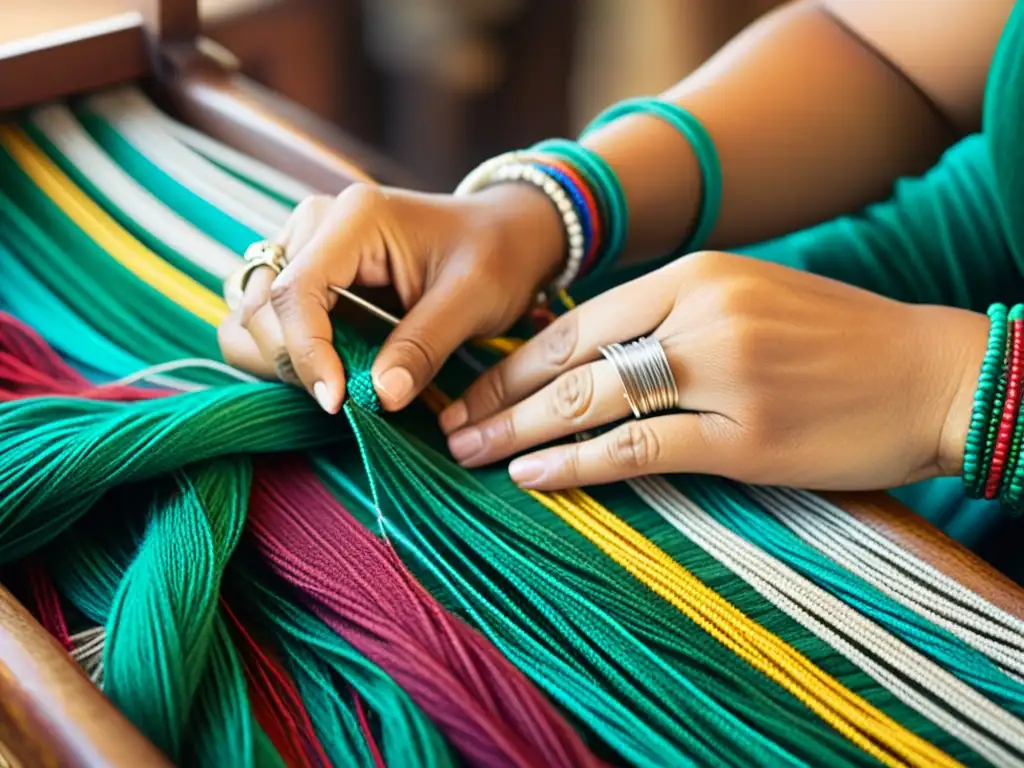 Las manos curtidas de un hábil artesano tejen con cuidado hilos coloridos en un patrón tradicional, mostrando su destreza y herencia cultural