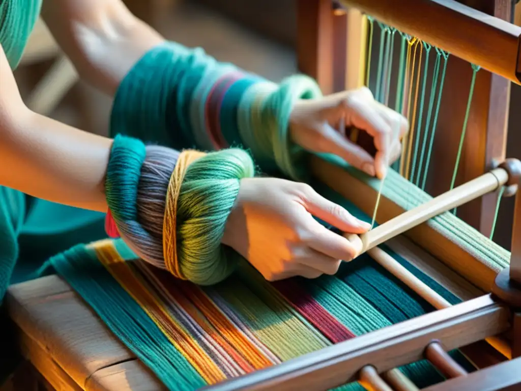 Manos expertas tejiendo en un antiguo telar de madera, preservando el arte del tejido con destreza y coloridas hebras de lana