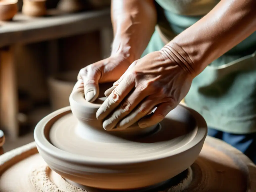 Manos expertas moldeando arcilla en un torno de madera, con luz natural