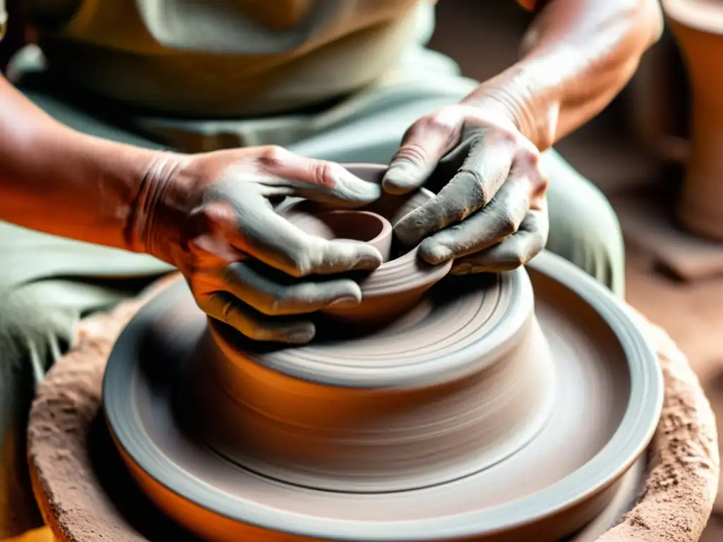 Manos expertas moldeando arcilla en torno al torno, evocando la alfarería tradicional en comunidades afectadas con determinación y destreza artesanal