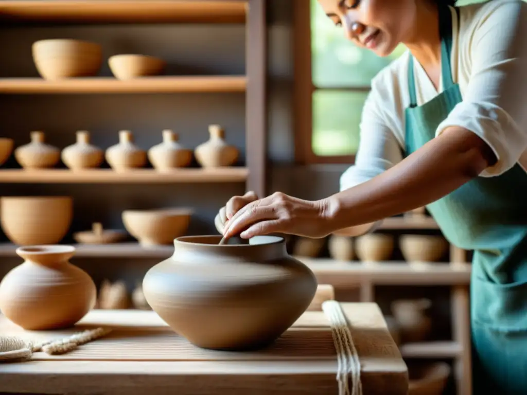 Manos expertas creando artesanía tradicional sostenible bajo cálida luz natural, evocando un ambiente nostálgico y de compromiso ambiental