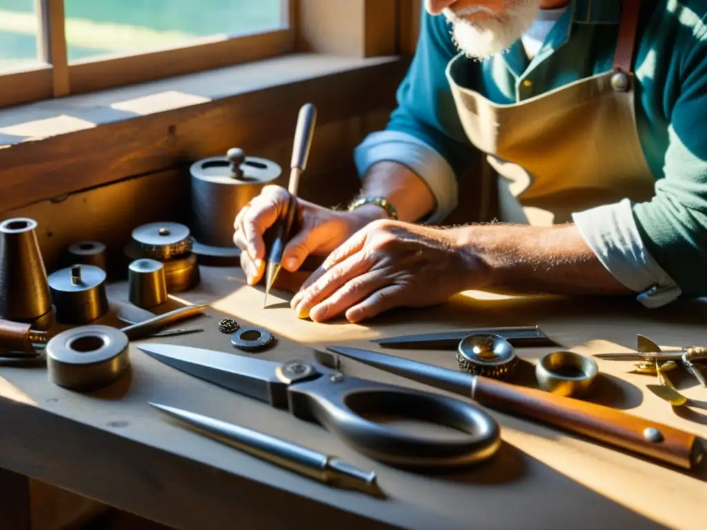 Las manos expertas de un artesano crean arte con materiales reciclados, rodeado de herramientas vintage