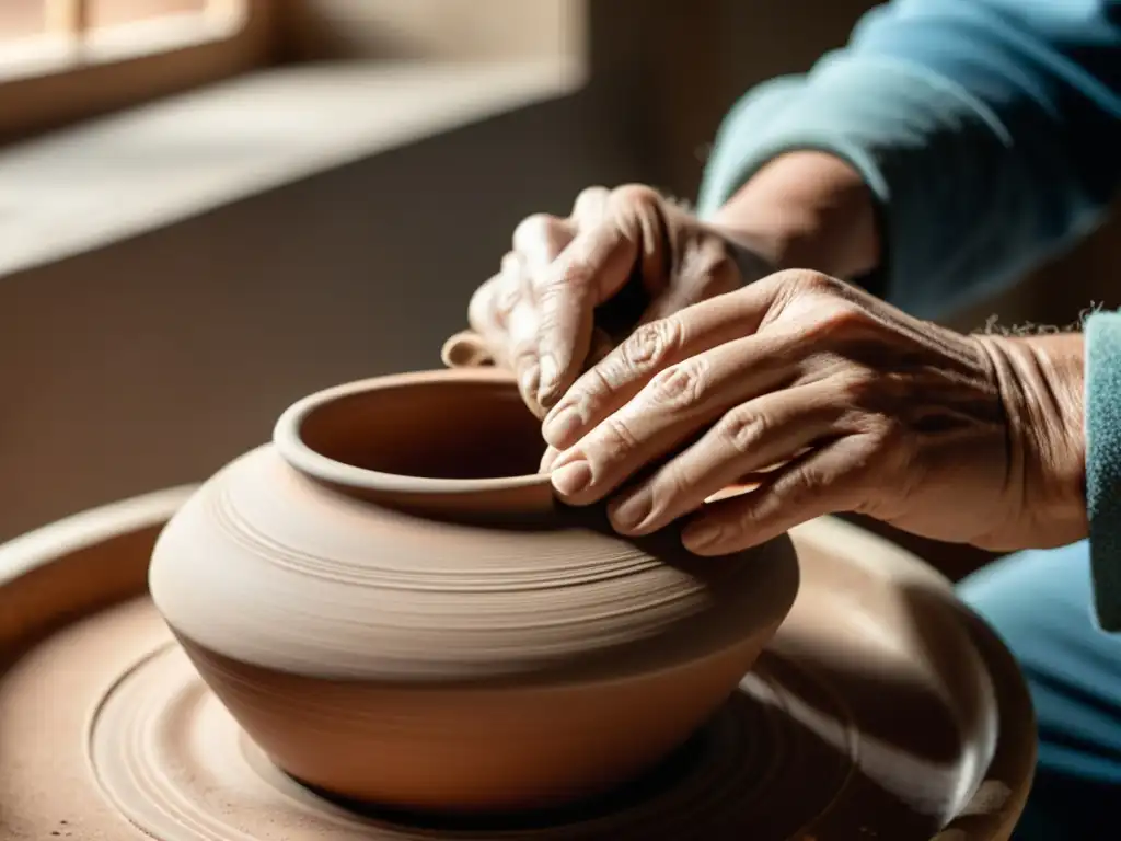 Las manos expertas de un artesano moldeando una delicada cerámica con luz natural, evocando la belleza del marketing local para artesanías digitales