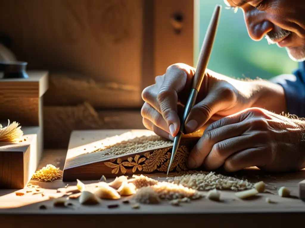 Las manos expertas de un artesano tallando madera con dedicación y experiencia, resaltando el valor de la artesanía en el mercado digital