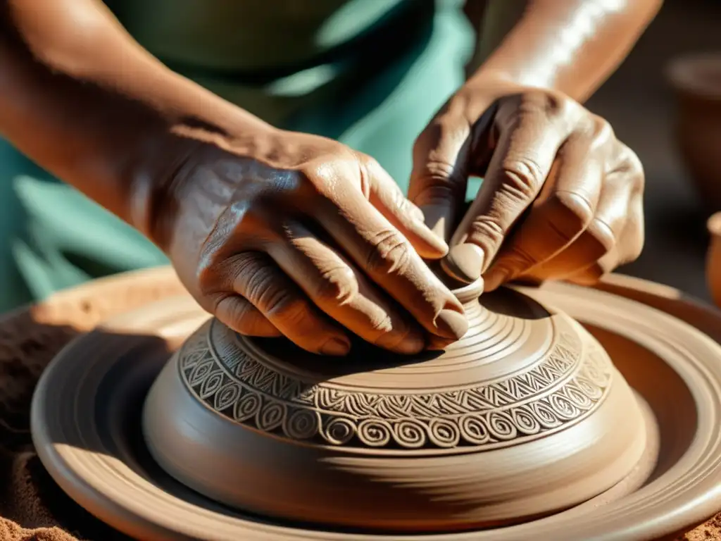 Las manos expertas de un artesano creando una pieza de cerámica tradicional, con detalles minuciosos y arcilla en los dedos