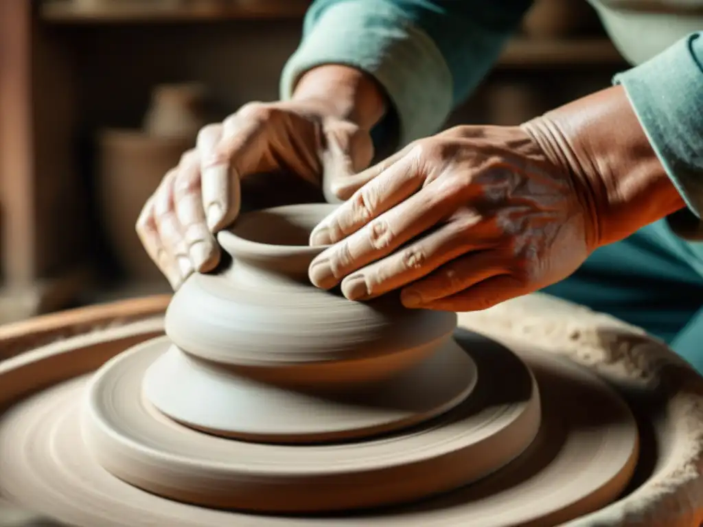 Manos expertas moldeando cerámica en torno alfarero, con luz suave realzando el taller tradicional