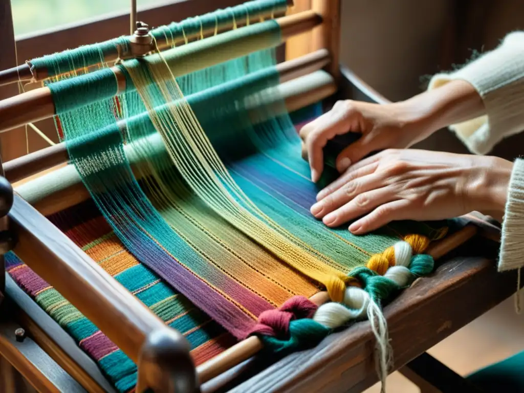 Manos expertas tejiendo colorida lana en un telar de madera vintage, con luz natural