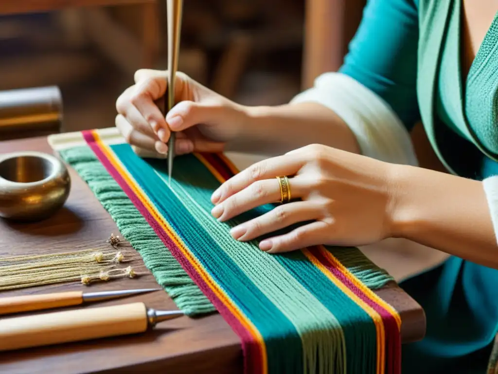 Manos expertas tejen con cuidado una artesanía tradicional en la era digital, evocando historia y dedicación