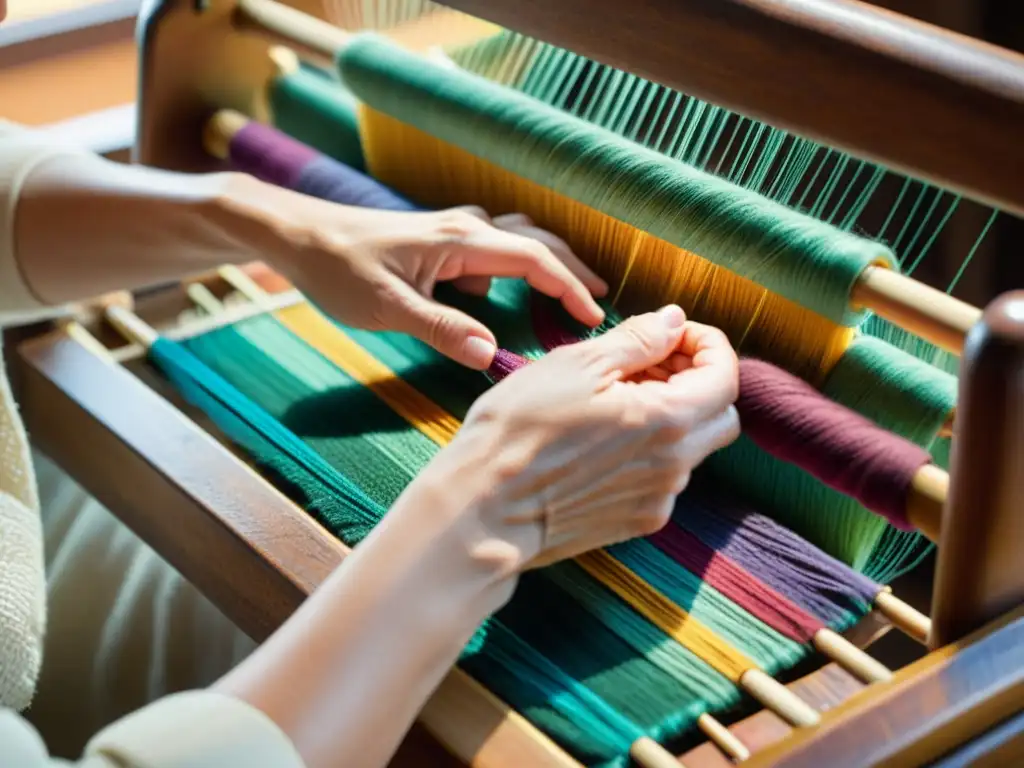 Unas manos expertas tejiendo con cuidado hebras de colores en un telar de madera