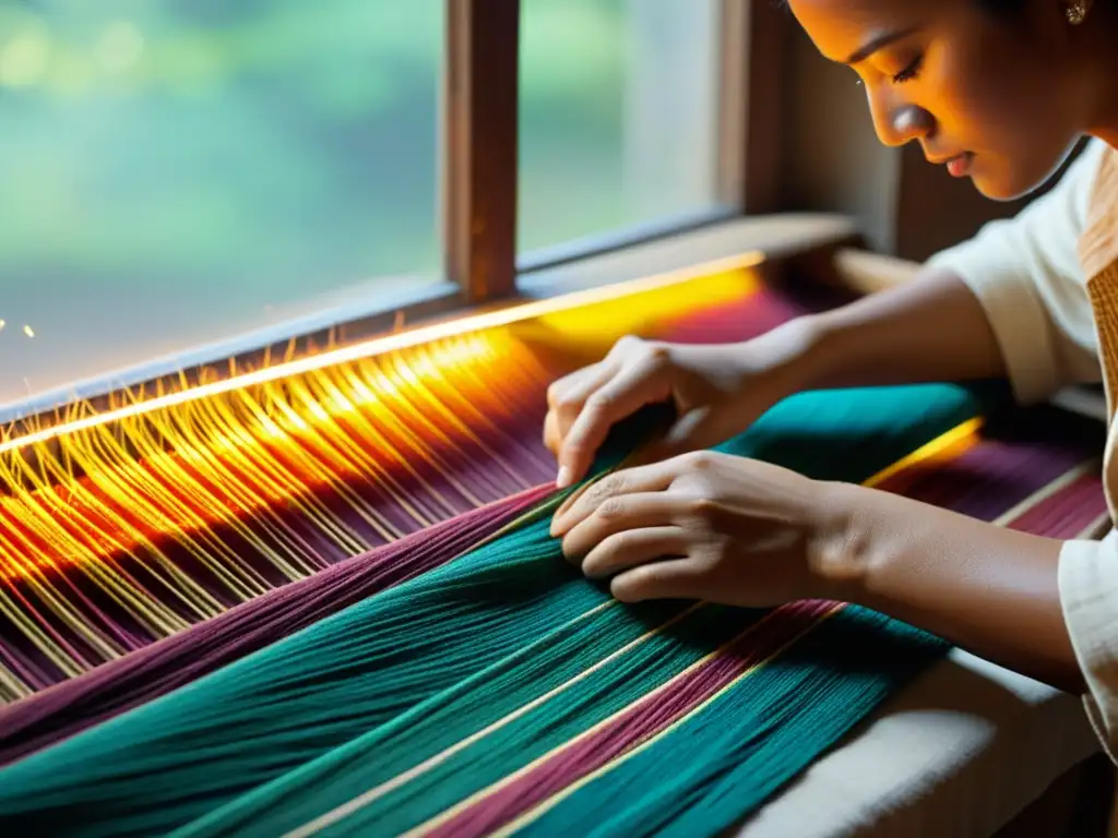 Manos expertas tejen con cuidado hilos vibrantes en un patrón textil tradicional, iluminadas por la cálida luz natural