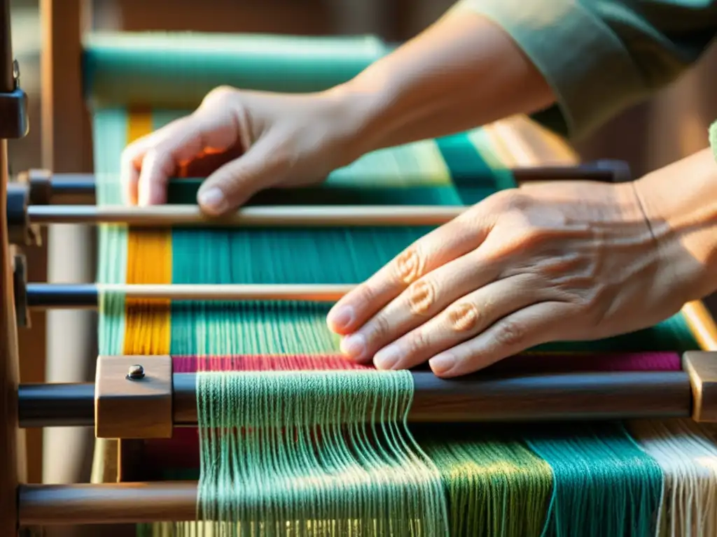 Manos expertas tejen con cuidado en un telar de madera antiguo, evocando la artesanía tradicional en talleres virtuales